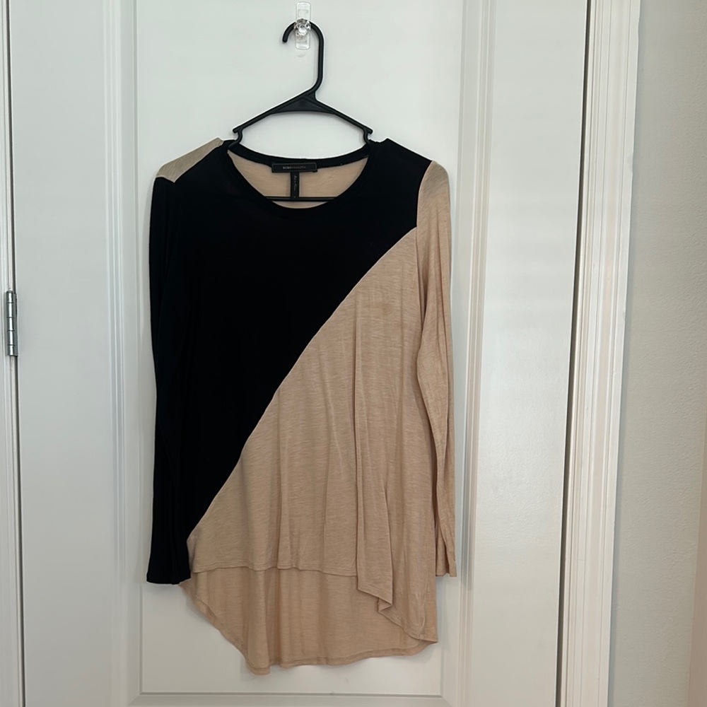BCBGMaxAzria Black and Tan Asymmetrical Long Sleeve Blouse